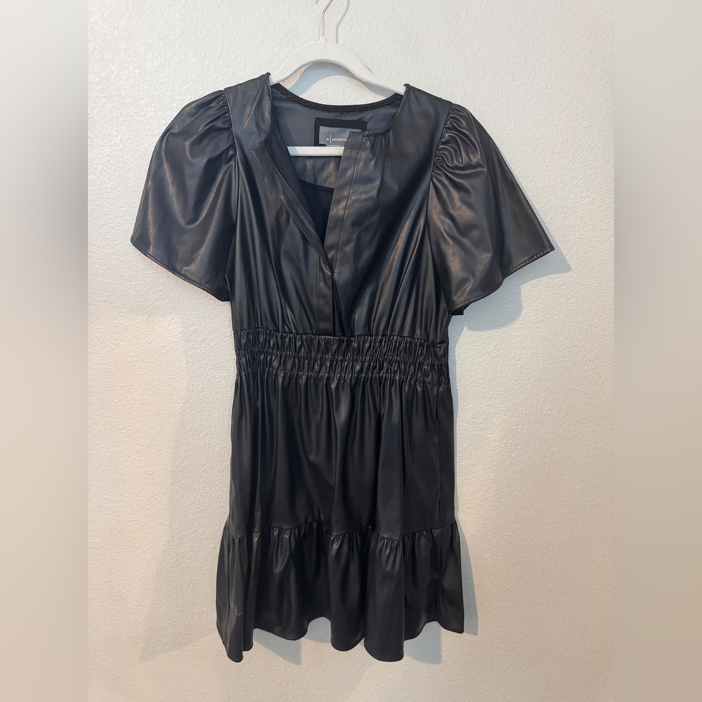 Anthropologie Black Faux Leather Somerset Mini Dress